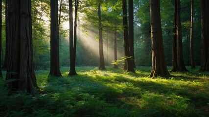 Obraz premium A serene forest scene with sunlight filtering through trees, illuminating the lush greenery below.