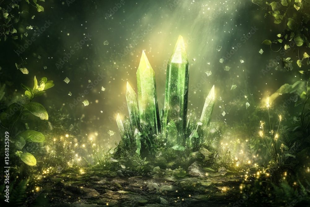 Aufkleber green crystals rise majestically from the forest floor, surrounded by glowing lights in a mystical s