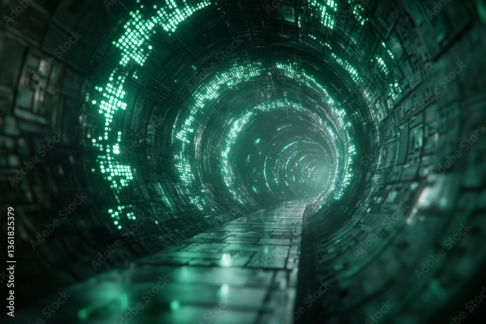 Leinwandbilder Futuristic tunnel with glowing patterns illustrating advanced technology in a dark environment