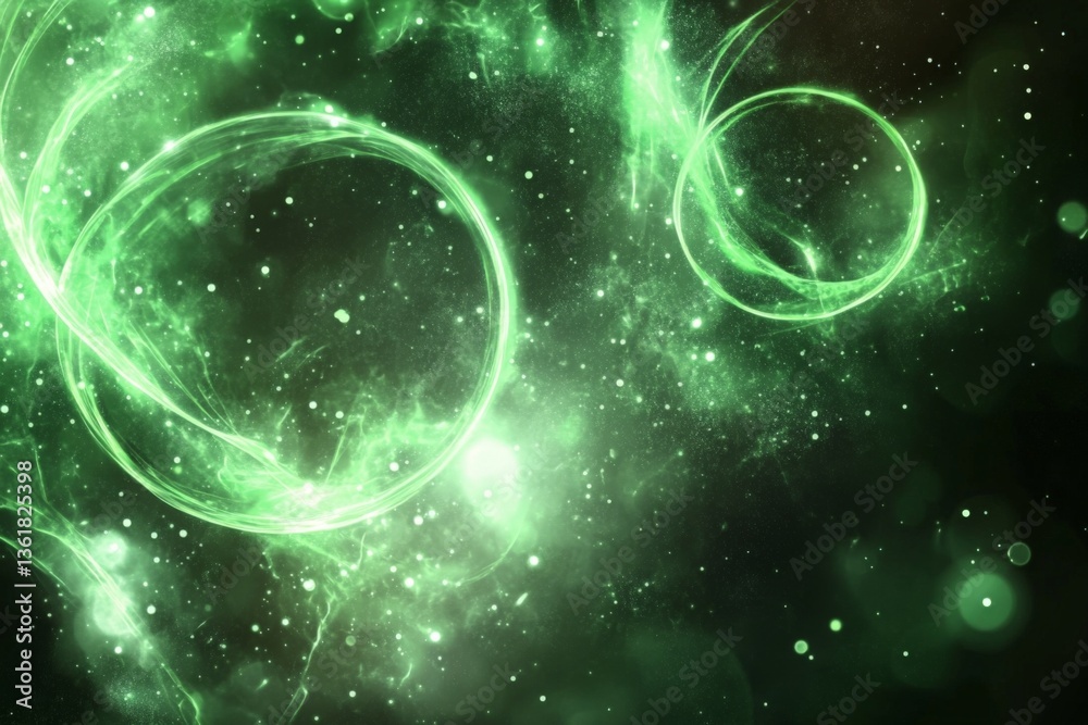 Aufkleber vivid green abstract cosmic design with luminous swirls and glowing particles in a dark space backdr