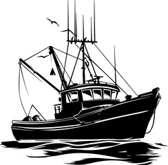 Black and White Fishing Vessel Illustration – Vintage Marine Silhouette