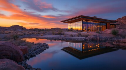 Fototapeta premium Modern house at sunset reflecting in a serene pond surrounded by rocks