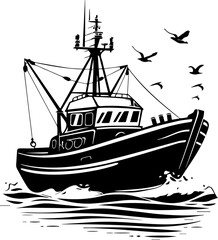 Black and White Fishing Vessel Illustration – Vintage Marine Silhouette