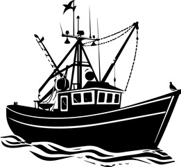Black and White Fishing Vessel Illustration – Vintage Marine Silhouette