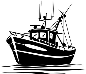 Black and White Fishing Vessel Illustration – Vintage Marine Silhouette