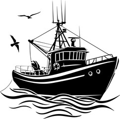 Black and White Fishing Vessel Illustration – Vintage Marine Silhouette