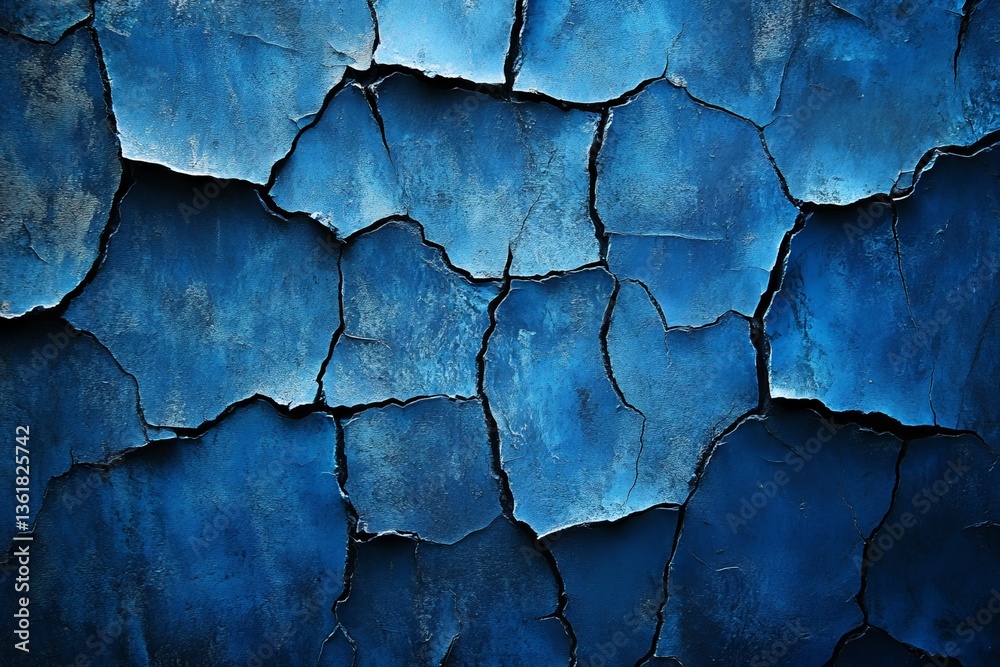 Poster textured blue wall showing cracks in the surface captured during daylight revealing a rustic appeara