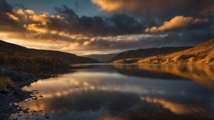 Fototapeta premium A serene lake at sunset, reflecting mountains and clouds, creating a tranquil atmosphere.