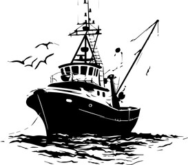 Black and White Fishing Vessel Illustration – Vintage Marine Silhouette