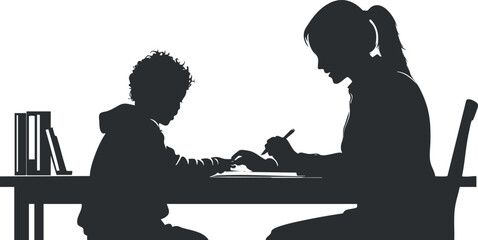 Silhouette of adult tutoring child at table, ideal for educational themes and materials.