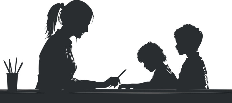 Silhouette of teacher and students in classroom setting for educational themes.