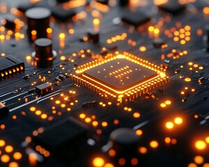 Glowing orange electronic components create an abstract circuit board image