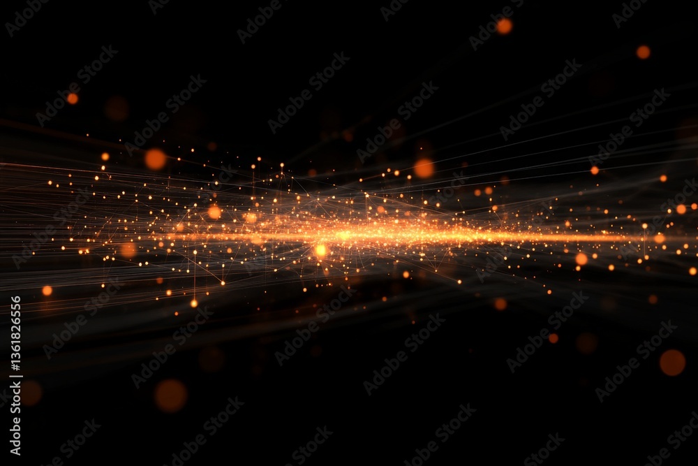 Poster Dynamic explosion of golden light particles flowing through a dark space at a high speed