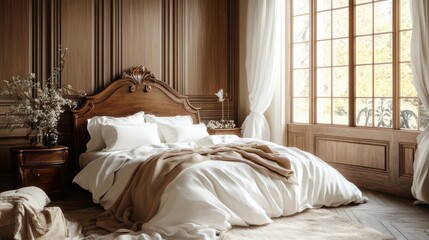 Serene Bedroom Interior Design: Luxurious Wooden Headboard, Soft Linens, and Natural Light