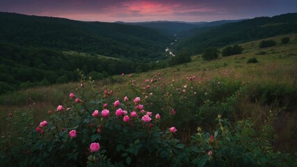 A serene landscape featuring blooming pink roses overlooking a lush valley at sunset.
