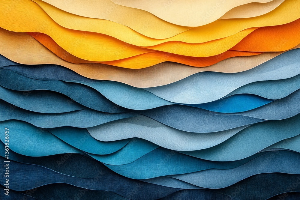 Poster Colorful layered paper waves create a dynamic visual texture evoking a serene ocean landscape