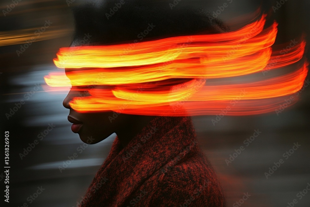 Aufkleber woman walking with flowing light trails in an urban setting during twilight, creating a surreal visu