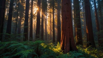 A serene forest scene with towering trees and sunlight filtering through the foliage.