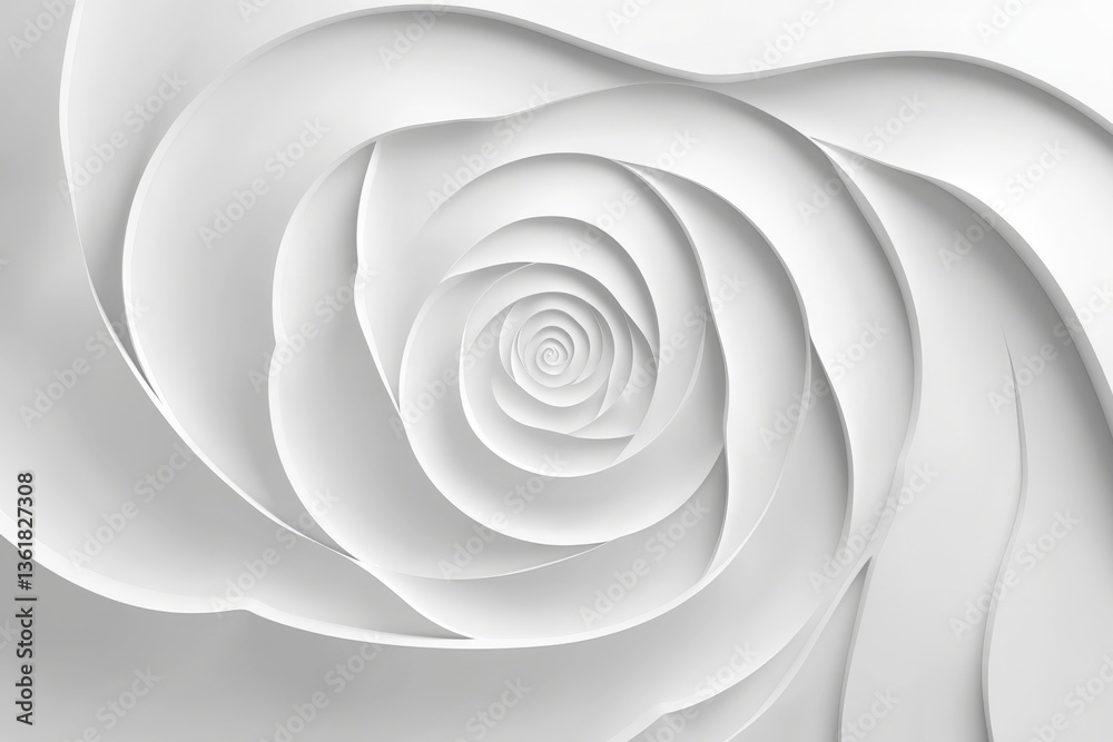 Poster Spiral white rose design showcases intricate paper craftsmanship in a minimalist style creating a serene aesthetic