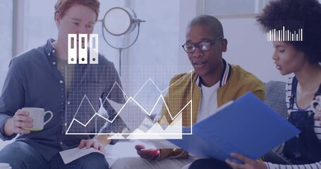 Reviewing documents, business team analyzing data with animation overlay in office - Powered by Adobe