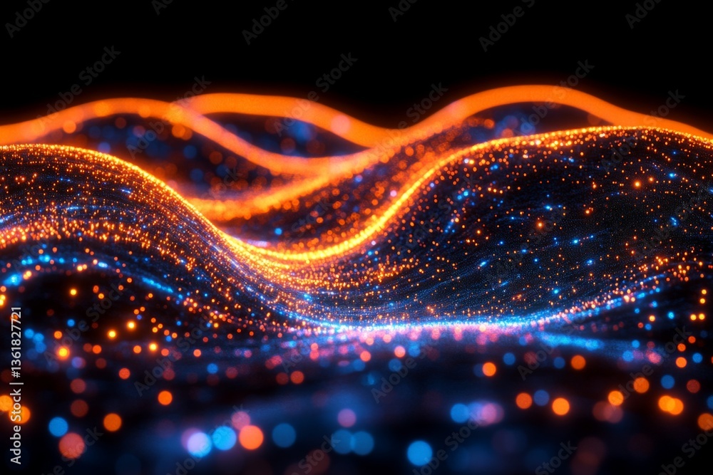 Poster colorful digital waves with glowing particles create a mesmerizing abstract landscape at night