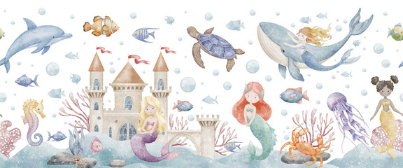 Watercolor illustration of Mermaids in an underwater kingdom with a castle, fish, and sea creatures. Drawing of seamless Pattern for nursery wallpaper. Art of Border with dolphin and whale for baby.
