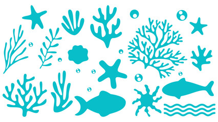 Blue sea pattern in Matisse style on white background. Vector coral, seashells, scallops, starfish. Deep sea background. Printable silhouette.