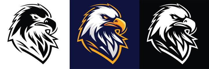 A strong and detailed eagle head logo in three color variations: black & white, navy & gold, and black background. Perfect for sports teams, branding, and mascots