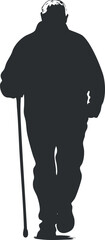 Silhouette of elderly man walking with cane, ideal for health or aging themes.