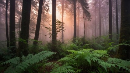 Obraz premium A serene forest scene with tall trees, lush ferns, and soft mist, creating a tranquil atmosphere.
