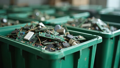 Electronic waste recycling containers in industrial setting. Circuit boards, computer components in bins. Problem of e-waste management. Environmental sustainability, pollution, discarded electronics.