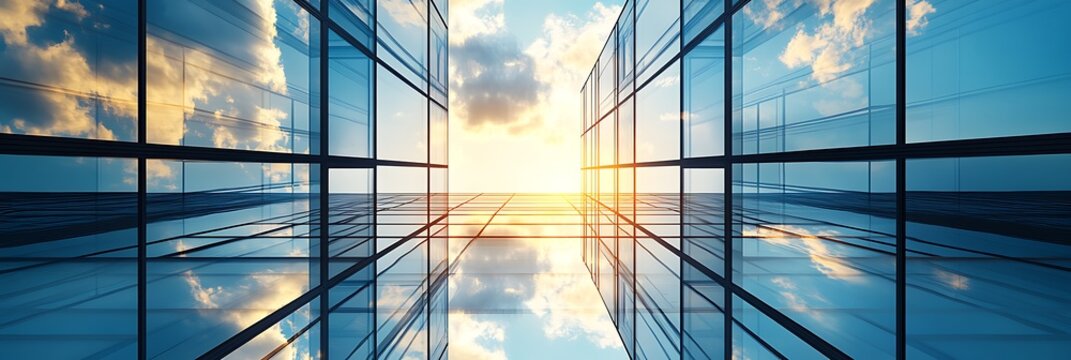 Glass building reflecting sky, sun setting between walls, modern architecture, business, conceptual, abstract