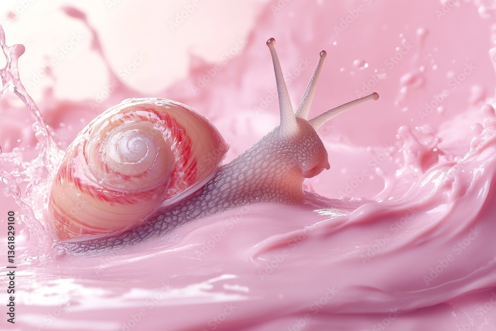 Aufkleber Snail gliding through pink liquid with splashes at the time of capturing close-up in a tranquil environment