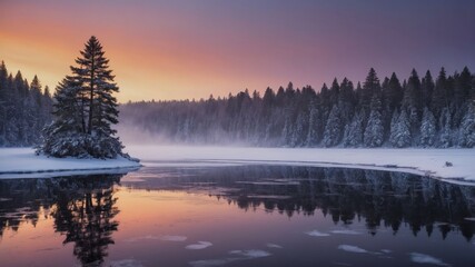 Obraz premium A serene winter landscape featuring a snowy tree, calm water, and a vibrant sunset sky.