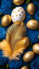Golden Eggs & Feather on Blue
