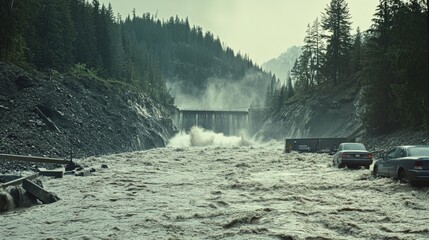 Torrents of floodwater rush through a mountain pass, creating dramatic and daunting scenes of nature's unpredictable power and intensity.