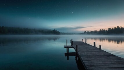 A serene dock extends into a misty lake under a starry sky at twilight.