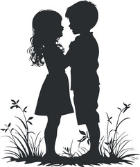 Silhouette of a boy and girl kissing surrounded by nature, perfect for romantic designs.