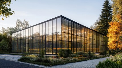 Obraz premium Modern glass building surrounded by colorful autumn foliage and gardens