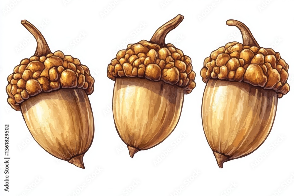 Poster three detailed acorns illustrating natural elements found in forests, showcasing their unique textur