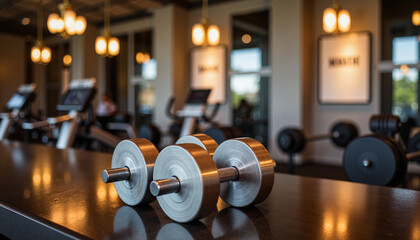 Polished steel dumbbells on hotel gym counter, luxury fitness concept