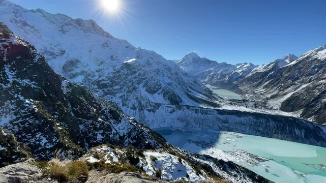 stunning alpine views of mount cook (aoraki), glacier, turquoise lake and river from popular mueller hut route. Best panorama in Mount Cook national park,  Canterbury, South Island, New Zealand