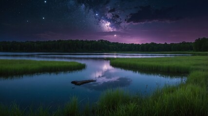 A serene night landscape with a lake, lush grass, and a starry sky reflecting on the water.