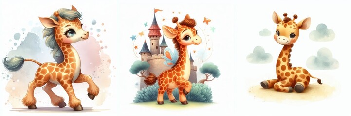 Obraz premium Charming giraffe trio in watercolor styles, isolated on white background, art for kids