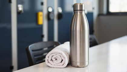 Sleek stainless steel water bottle and towel in gym locker room, fitness refreshment