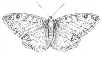 Detailed black and white sketch of a butterfly showcasing intricate wing patterns and features on a plain background