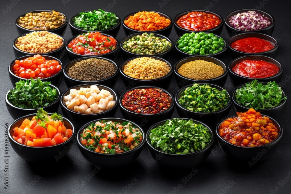 Aufkleber Colorful array of ingredients for fresh dishes displayed at a culinary event hosted in a vibrant setting