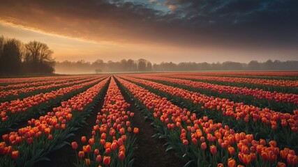 Fototapeta premium A vibrant field of tulips in rows, illuminated by a soft morning light under a dramatic sky.