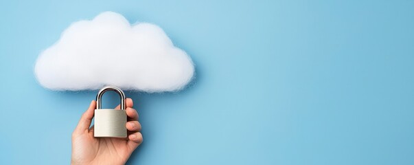 Cyber security Awareness password network concept. Hand holding a padlock beneath a fluffy cloud on a blue background.