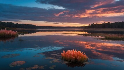 Obraz premium A serene lake at sunset, reflecting vibrant colors and surrounded by lush vegetation.